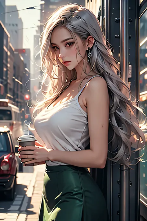 nsfw、animation、Top quality、high resolution、A woman is listening to music、adult expression、silver hair、semi-long hair、lilac camisole、Light Green Tight Skirt、mini skirt、Earphones、holds a coffee cup in her right hand、Bus stop in the evening、、((Evening time))、...