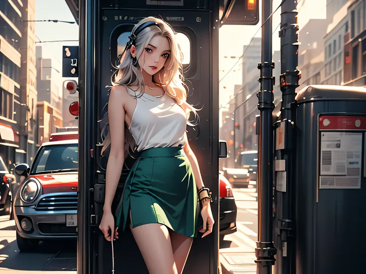 nsfw、animation、Top quality、high resolution、A woman is listening to music、adult expression、silver hair、semi-long hair、lilac camisole、Light Green Tight Skirt、mini skirt、Small Breasts、Earphones、holds a coffee cup in her right hand、Bus stop in the evening、、((E...