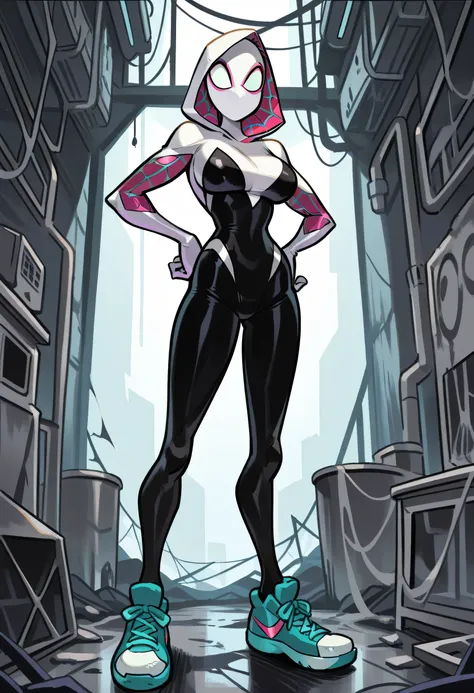 Masterpiece , best quality , Masterpiece , best quality , Spider Gwen , mask , body suit , skinny body , abdomen , big breasts , hands on hips.. , long legs , sneakers , abandoned factory ,