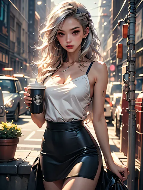 nsfw、animation、Top quality、high resolution、A woman is listening to music、adult expression、silver hair、semi-long hair、lilac camisole、Light Green Tight Skirt、mini skirt、Small Breasts、Earphones、holds a coffee cup in her right hand、Bus stop in the evening、、((E...