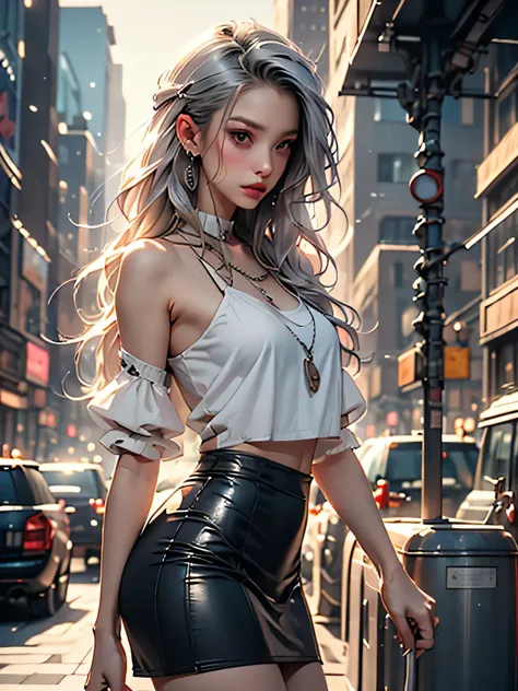 nsfw、animation、Top quality、high resolution、A woman is listening to music、adult expression、silver hair、semi-long hair、lilac camisole、Light Green Tight Skirt、mini skirt、Small Breasts、Earphones、holds a coffee cup in her right hand、Bus stop in the evening、、((E...