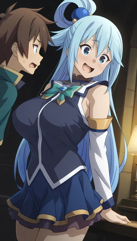 Give your images flat even illumination (negative) or dramatic chiaroscuro lighting (positive), huge breasts, 1girl, 1boy, aqua_(konosuba), satou_kazuma, blue_eyes, brown_hair, long_hair, blue_hair, blush, hair_rings, detached_sleeves, skirt, blue_skirt, l...