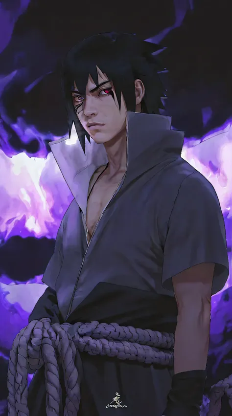 A hyper-realistic portrait of a dark-haired young warrior inspired by Sasuke Uchiha. He has sharp facial features, pale skin, intense glowing red eyes with a Mangekyō Sharingan pattern. His black spiky hair falls slightly over his eyes. He wears a dark, op...