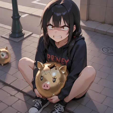A girl of , sitting on the sidewalk with an angry face, next to the pavement is a broken piggy bank,