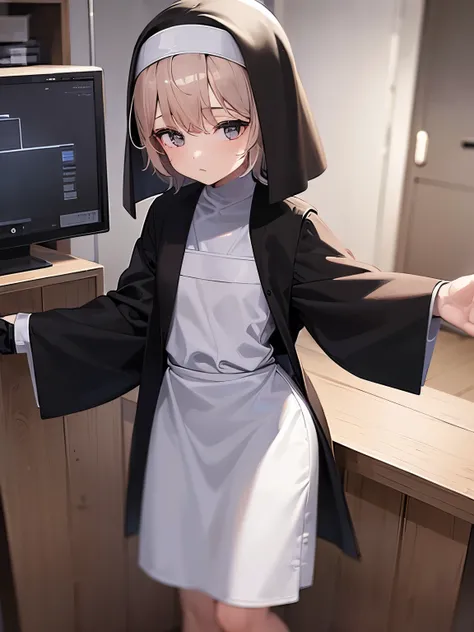 masterpiece, BREAK (a girl dressed as a black priest:1.3), (nun cassock clothing:1.3), (priest:1.3), BREAK (young girl:1.5), (baby face:1.2), (short stature:1.4), BREAK 1girl, BREAK cowboy shot, BREAK (operating room:1.4), Indoor, BREAK front view, facing ...