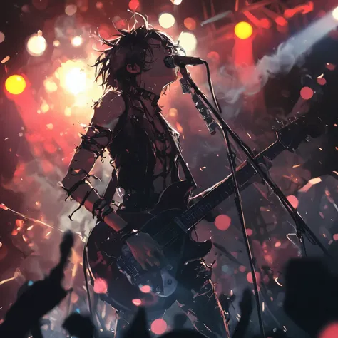 Dynamic scene of a man holding an electric guitar on stage, wearing a leather jacket with light and smoke, Strong and energetic atmosphere, Rock concert style