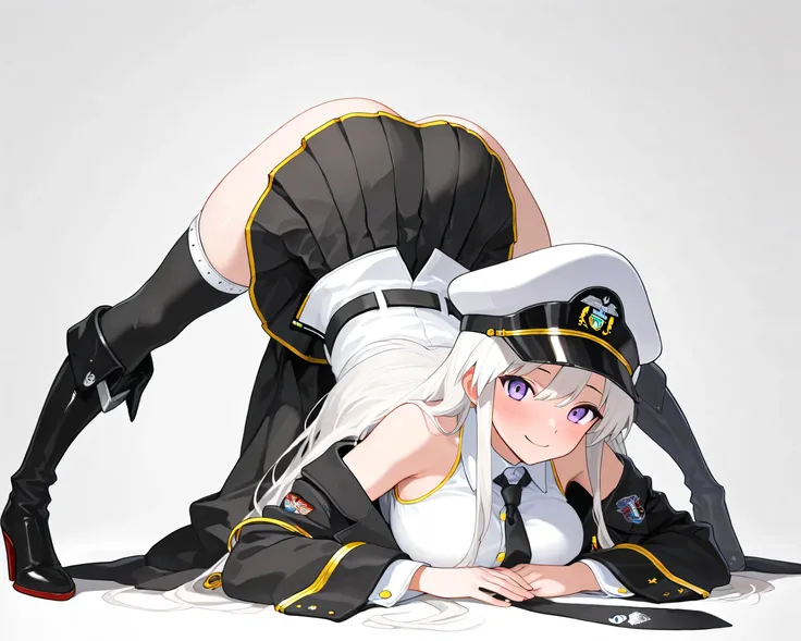 1girl, arm rest, ass, barefoot, blush, , breasts, full body, hands on ground, jack-o' challenge, large breasts, long hair, looking at viewer, purple eyes, white hair, shadow, smile, solo, spread legs, top-down bottom-up, white background, wide spread legs,...