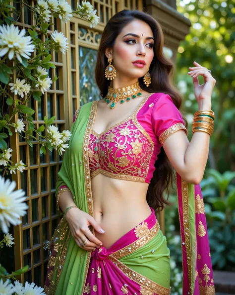 A captivating portrait of a beautiful woman in a traditional Indian saree, posed elegantly in a lush garden setting. The saree is a stunning combination of vibrant green and magenta, adorned with intricate gold embroidery and embellishments. The blouse fea...