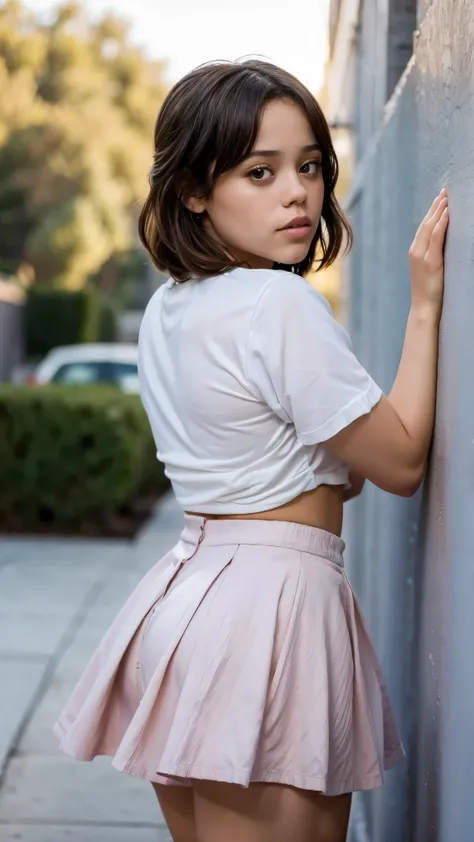 From behind 18yo jenna_Ortega wearing a short skirt, poseing seductively, leaning forward lettng viewer look up her skirt, adult content 