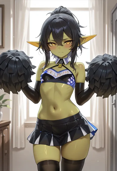 Beautiful elf goblin girl (black costume cheerleader) small breasts  in a sexy pose