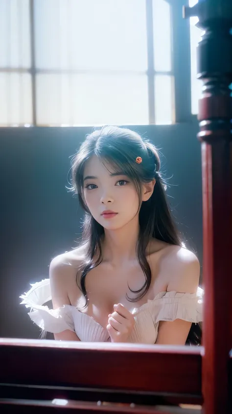 High quality, Masterpiece, Masterpiece, Exquisite facial features, Exquisite Hair, Elaborate Eyes, Off-bshoulders,Delicate colored hair, 4K quality, Gorgeous light and shadow, Tyndall effect, Halo, Messy hair, Young state, Gorgeous scenes, Beautifully dres...