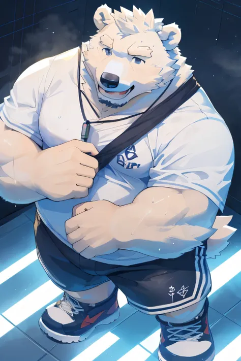 male,40 years old, ((Round Face, Full face ,black eyes, )), ((Endocrine, handsome,)), (), ((Domestic polar bears,polar bear,) furry fur, furry), in the dressing room , (High Quality, High resolution, Masterpiece), (dynamic lighting, vibrant colors), (),...