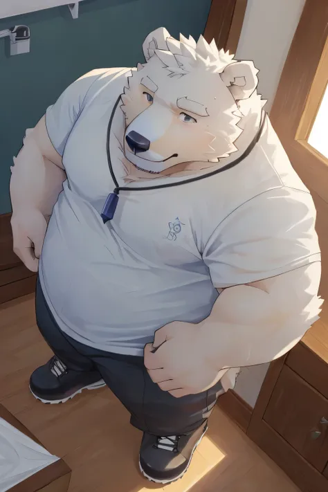 male,40 years old, ((Round Face, Full face ,black eyes, )), ((Endocrine, handsome,)), (), ((Domestic polar bears,polar bear,) furry fur, furry), in the dressing room , (High Quality, High resolution, Masterpiece), (dynamic lighting, vibrant colors), (),...