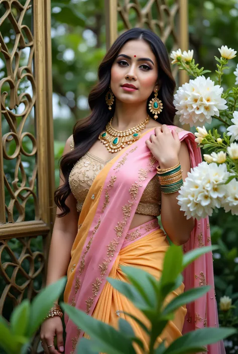 A captivating portrait of a beautiful woman in a traditional Indian saree, posed elegantly in a lush garden setting. The saree is a stunning combination of vibrant yellow and black, adorned with intricate gold embroidery and embellishments. The blouse feat...