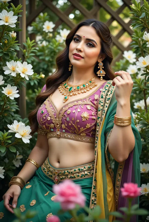 A captivating portrait of a beautiful woman in a traditional Indian saree, posed elegantly in a lush garden setting. The saree is a stunning combination of vibrant yellow and black, adorned with intricate gold embroidery and embellishments. The blouse feat...