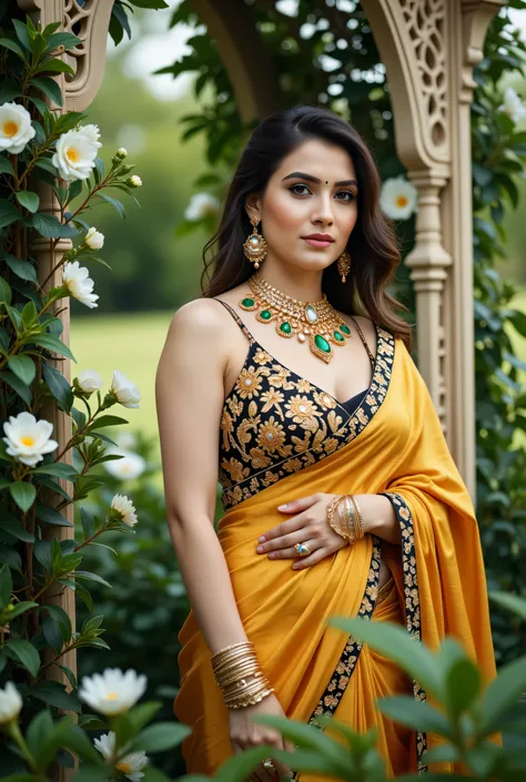 A captivating portrait of a beautiful woman in a traditional Indian saree, posed elegantly in a lush garden setting. The saree is a stunning combination of vibrant yellow and black, adorned with intricate gold embroidery and embellishments. The blouse feat...