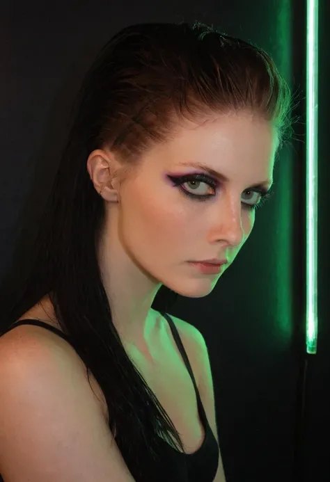 score_9,score_8_up,score_7_up,1girl,goth,pale skin,(freckles:0.6),(dramatic lighting:0.8),neon lighting,rembrandt lighting,noir,pinup,portrait, extreme long shaved sides hair