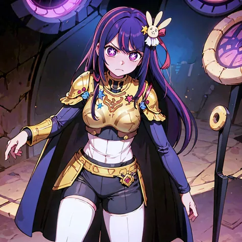 1 solo girl, Hoshino Ai, long hair, purple hair, streaked hair, purple eyes, star-shaped pupils, hair ornament, dressed in a body uniform and empress cloak with metal armor. angry expression 