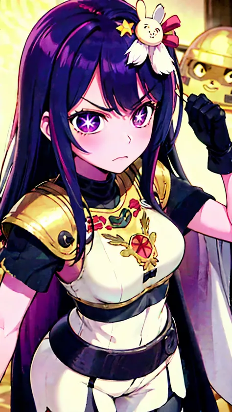 1 solo girl, Hoshino Ai, long hair, purple hair, streaked hair, purple eyes, star-shaped pupils, hair ornament, dressed in a body uniform and empress cloak with metal armor. angry expression 
