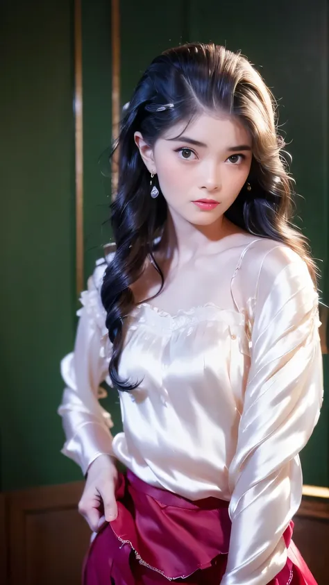 best quality, Realistic, super detailed, down to the last detail, High resolution, 4k wallpaper, Beautiful woman, (Small Breasts:1.2), (Trendy Hairstyles), Earrings, wore a suit, perfect dynamic composition, beautiful and delicate eyes, delicate hair, Roun...