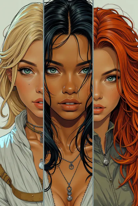 Score_9, score_8_up, score_7_up, ((highest quality)), ((masterpiece)), Perfect Face, (High definition), (Best Shadow), 8k, cinematic. Luis Royo's style, comics sexy art. Three sexiest characters (1)a Jedi blonde woman, (2)a Sith brunette woman (3)a Jedi re...