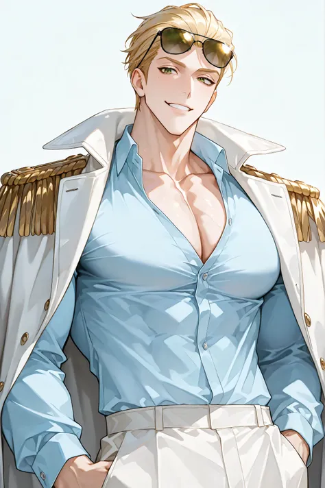 One male, handsome, heavily muscular, bulky body, broad chest, thick arms, short hair, blonde hair , slicked-back hairstyle, keen eyes, green eyes, dark circles under the eyes, playful smile, playful face, white dress pants, white marine coat with epaulett...