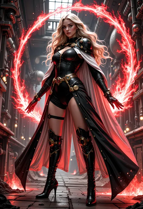 a black and white 1940s snapshot picture of a mecha woman wizard, standing proudly, manipulating magical red fire, ((only the fire is red)) extremely beautiful woman (best Detailed, Masterpiece, Hyperrealistic) blond hair, rich hair, wavy hair, dynamic eye...