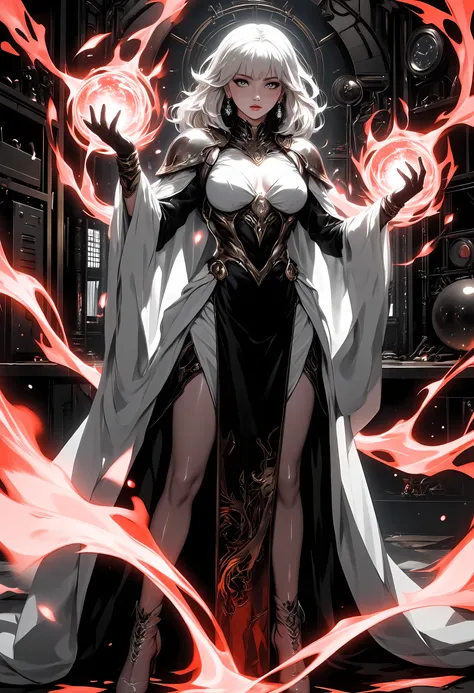a black and white 1940s snapshot picture of a mecha woman wizard, standing proudly, manipulating magical red fire, ((only the fire is red)) extremely beautiful woman (best Detailed, Masterpiece, Hyperrealistic) blond hair, rich hair, wavy hair, dynamic eye...