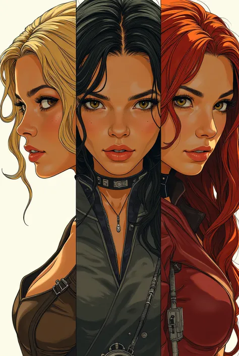 Score_9, score_8_up, score_7_up, ((highest quality)), ((masterpiece)), Perfect Face, (High definition), (Best Shadow), 8k, cinematic. Luis Royo's style, comics sexy art. Three sexiest characters (half-bust:1.2), (1)a Jedi blonde woman, (2)a Sith brunette w...