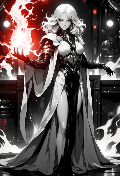 a ((black and white 1940s snapshot picture)) of a mecha woman wizard, standing proudly, manipulating magical red fire, ((only the fire is red)) extremely beautiful woman (best Detailed, Masterpiece, Hyperrealistic) blond hair, rich hair, wavy hair, dynamic...