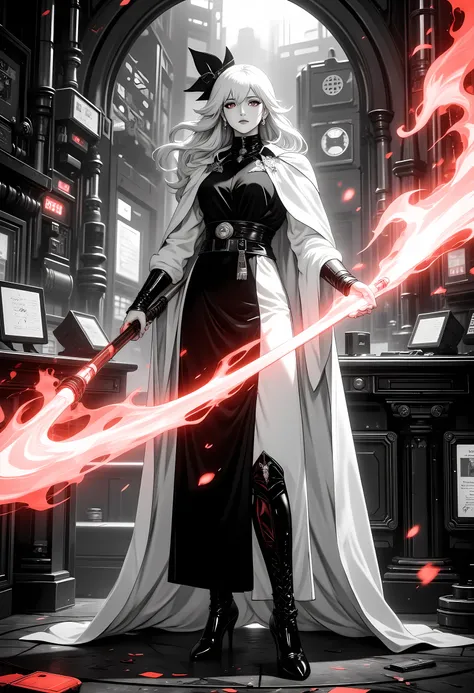 a ((black and white 1940s snapshot picture)) of a mecha woman wizard, standing proudly, manipulating magical red fire, ((only the fire is red)) extremely beautiful woman (best Detailed, Masterpiece, Hyperrealistic) blond hair, rich hair, wavy hair, dynamic...