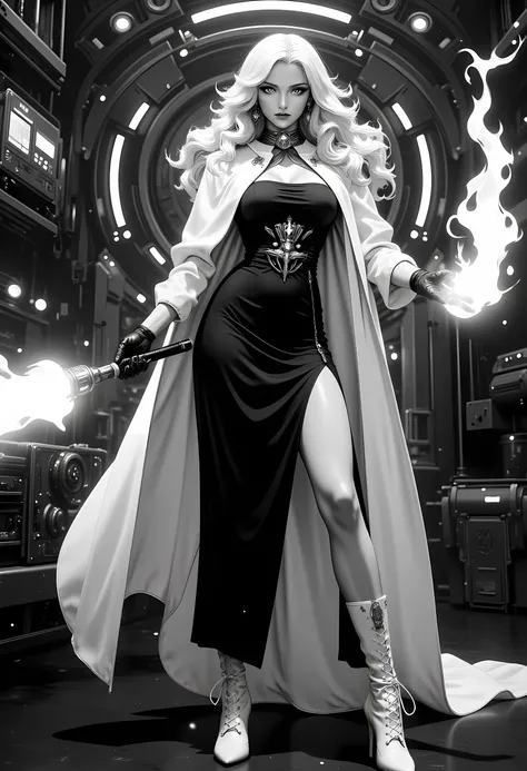 a ((black and white 1940s snapshot picture)) of a mecha woman wizard, standing proudly, manipulating magical red fire, ((only the fire is red)) extremely beautiful woman (best Detailed, Masterpiece, Hyperrealistic) blond hair, rich hair, wavy hair, dynamic...