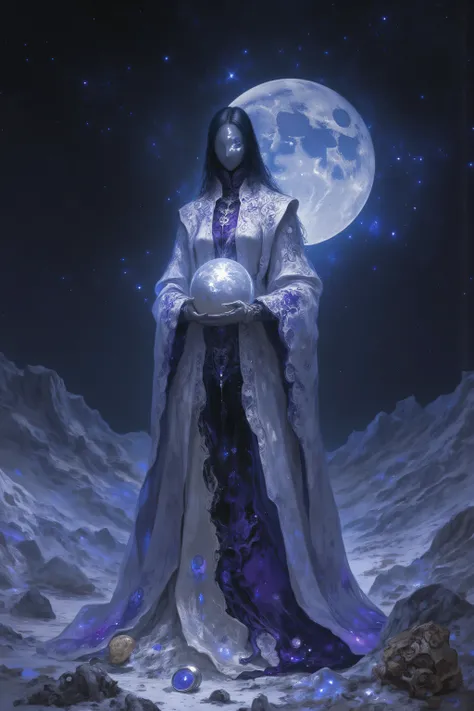 A lone figure standing at the edge of a vast crater where a vanished moon once orbited. She wears a ceremonial robe made of shimmering threads that depict extinct lunar phases and planetary maps, embroidered in soft silver and faded violet. Her face is cov...