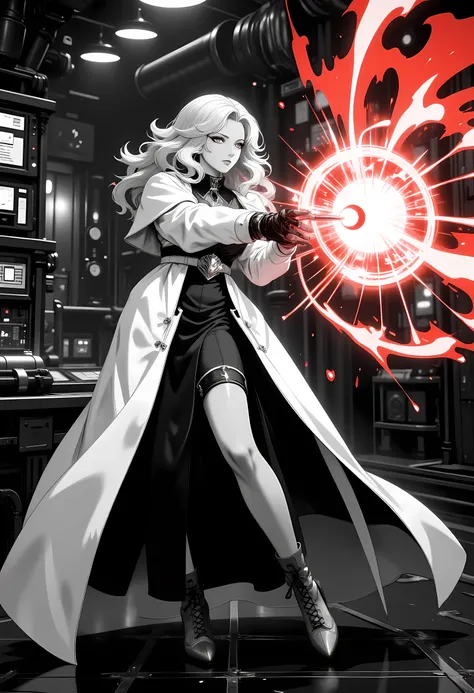 a ((black and white 1940s snapshot picture)) of a mecha woman wizard, standing proudly, manipulating magical red fire, ((only the fire is red)) extremely beautiful woman (best Detailed, Masterpiece, Hyperrealistic) blond hair, rich hair, wavy hair, dynamic...