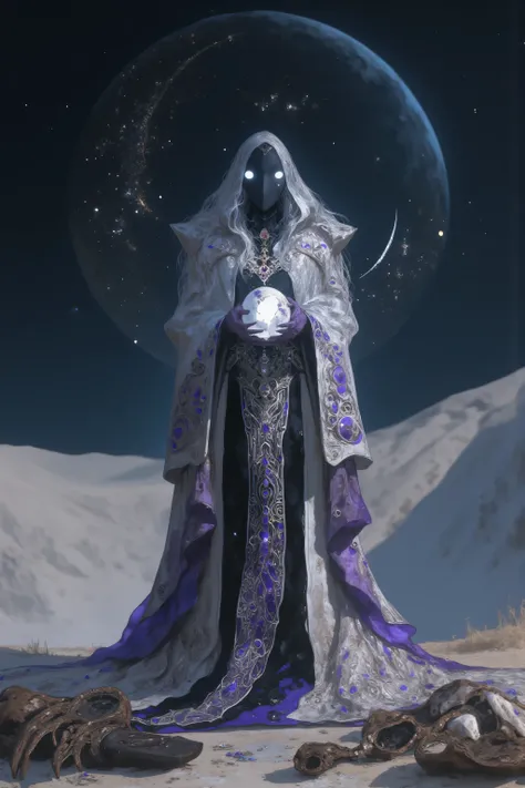 A lone figure standing at the edge of a vast crater where a vanished moon once orbited. She wears a ceremonial robe made of shimmering threads that depict extinct lunar phases and planetary maps, embroidered in soft silver and faded violet. Her face is cov...