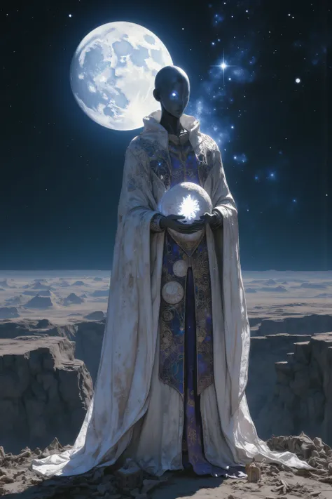 A lone figure standing at the edge of a vast crater where a vanished moon once orbited. She wears a ceremonial robe made of shimmering threads that depict extinct lunar phases and planetary maps, embroidered in soft silver and faded violet. Her face is cov...