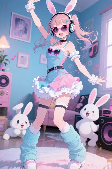 Top quality、Anime Style、masterpiece、girls dancing to music、rabbits that make girls laugh with strange movements、pop interior in the room、girls pop casual dresses with frills＋headphone、rabbits are leg warmers＋Sunglasses-style accessories、cute