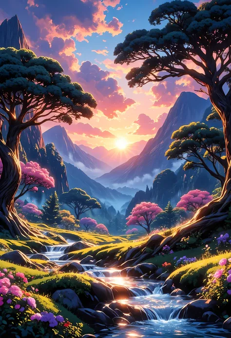 a fantasy forest grove of peace and tranquility, there are many fruit trees, blossoming colorful flowers, a stream of clear running water, mountain range in the background, the sun is rising, sending divine rays of warmth, the skis are in many shades of bl...