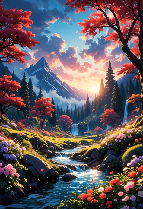 a fantasy forest grove of peace and tranquility, there are many fruit trees, blossoming colorful flowers, a stream of clear running water, mountain range in the background, the sun is rising, sending divine rays of warmth, the skis are in many shades of bl...