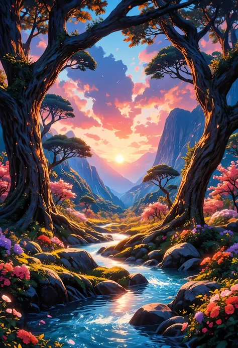 a fantasy forest grove of peace and tranquility, there are many fruit trees, blossoming colorful flowers, a stream of clear running water, mountain range in the background, the sun is rising, sending divine rays of warmth, the skis are in many shades of bl...