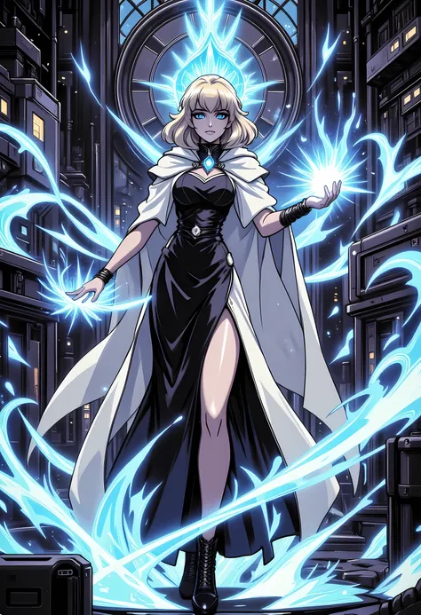 a ((black and white 1940s snapshot picture)) of a mecha woman wizard, standing proudly, manipulating magical blue fire, ((only the fire is blue)) extremely beautiful woman (best Detailed, Masterpiece, Hyperrealistic) blond hair, rich hair, wavy hair, dynam...