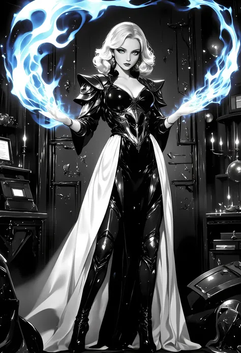 a ((black and white 1940s snapshot picture)) of a mecha woman wizard, standing proudly, manipulating magical  blue fire, ((only the fire is blue)) extremely beautiful woman (best Detailed, Masterpiece, Hyperrealistic) blond hair, rich hair, wavy hair, dyna...