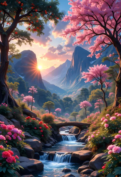 a fantasy forest grove of peace and tranquility, there are many fruit trees, blossoming colorful flowers, a stream of clear running water, mountain range in the background, the sun is rising, sending divine rays of warmth, the skis are in many shades of bl...