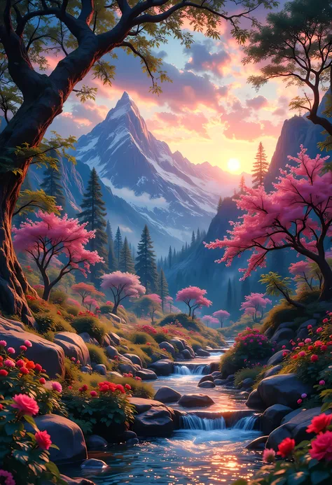 a fantasy forest grove of peace and tranquility, there are many fruit trees, blossoming colorful flowers, a stream of clear running water, mountain range in the background, the sun is rising, sending divine rays of warmth, the skis are in many shades of bl...