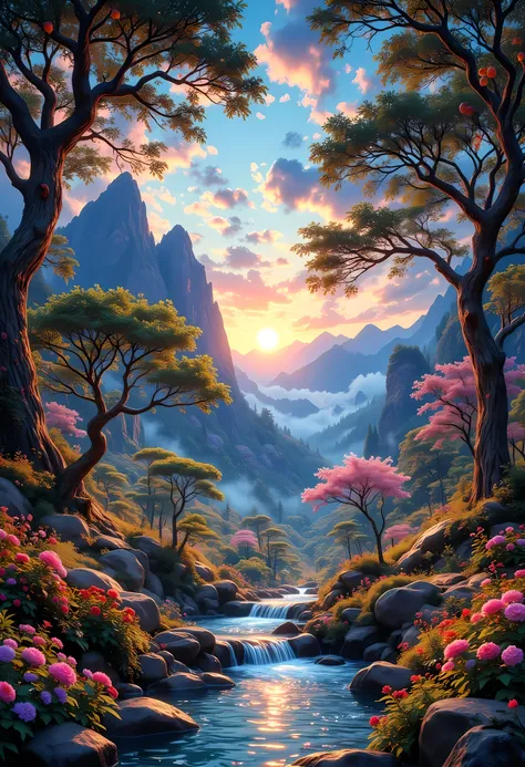 a fantasy forest grove of peace and tranquility, there are many fruit trees, blossoming colorful flowers, a stream of clear running water, mountain range in the background, the sun is rising, sending divine rays of warmth, the skis are in many shades of bl...