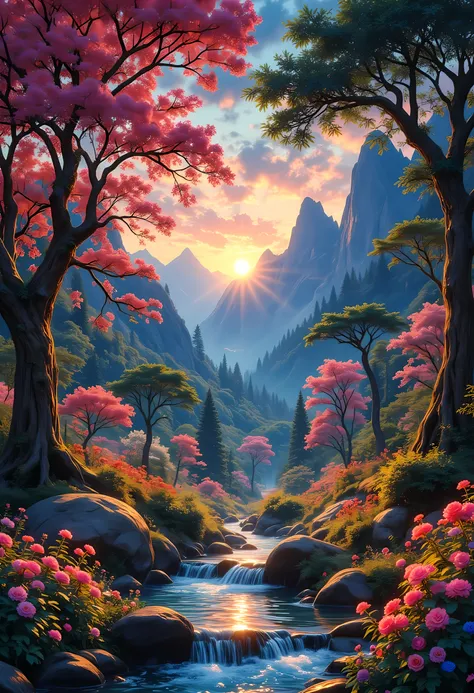 a fantasy forest grove of peace and tranquility, there are many fruit trees, blossoming colorful flowers, a stream of clear running water, mountain range in the background, the sun is rising, sending divine rays of warmth, the skis are in many shades of bl...
