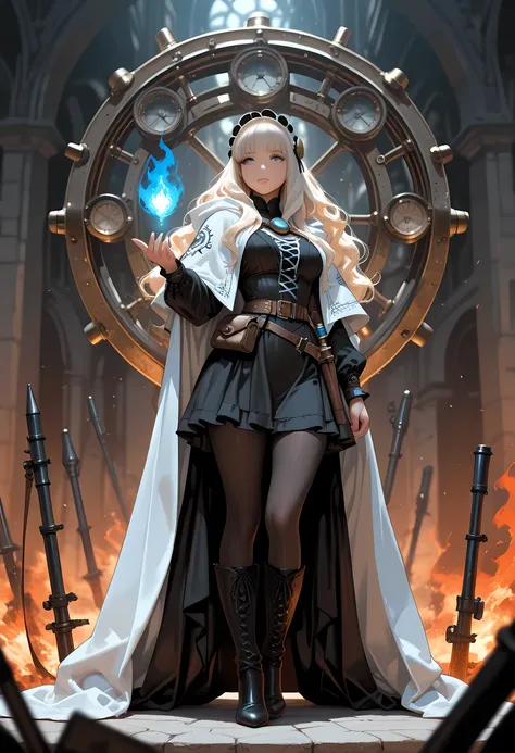 a ((black and white 1940s snapshot picture)) of a mecha woman wizard, standing proudly, manipulating magical blue fire, ((only the fire is blue)) extremely beautiful woman (best Detailed, Masterpiece, Hyperrealistic) blond hair, rich hair, wavy hair, dynam...