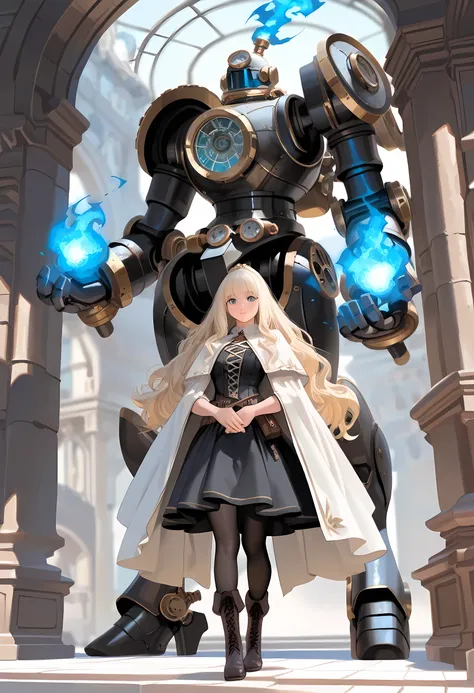 a ((black and white snapshot picture)) of a mecha woman wizard, standing proudly, manipulating magical blue fire, ((only the fire is blue)) extremely beautiful woman (best Detailed, Masterpiece, Hyperrealistic) blond hair, rich hair, wavy hair, dynamic eye...