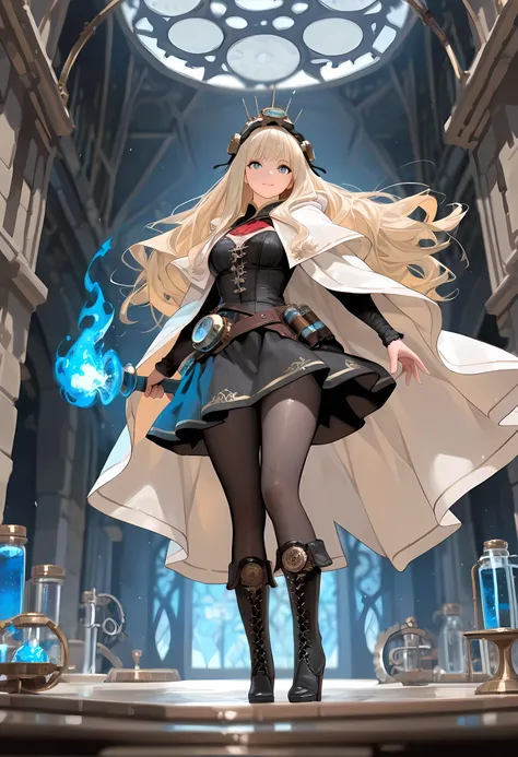 a ((black and white snapshot picture)) of a mecha woman wizard, standing proudly, manipulating magical blue fire, ((only the fire is blue)) extremely beautiful woman (best Detailed, Masterpiece, Hyperrealistic) blond hair, rich hair, wavy hair, dynamic eye...