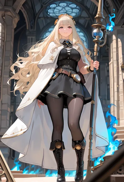a ((black and white snapshot picture)) of a mecha woman wizard, standing proudly, manipulating magical blue fire, ((only the fire is blue)) extremely beautiful woman (best Detailed, Masterpiece, Hyperrealistic) blond hair, rich hair, wavy hair, dynamic eye...